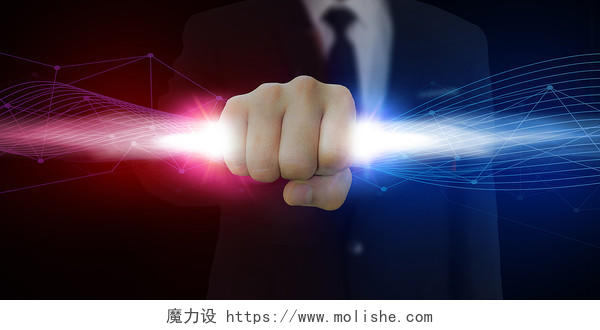蓝色科技感手线条商务握紧的拳头手光斑光感粒子背景握紧的拳头线条